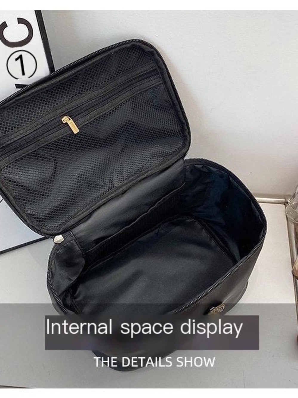 Black Women's Cosmetic Case with Decorative Emblem - Picture 9 of 15